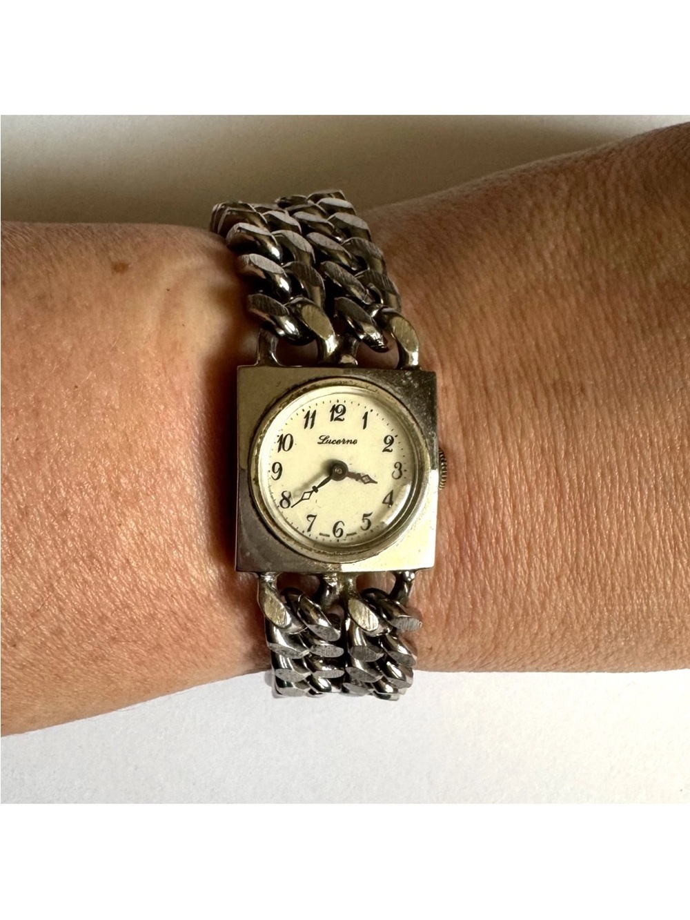Vintage Lucerne Swiss Silver Tone Chunky Chain Bracelet Watch Mid Century